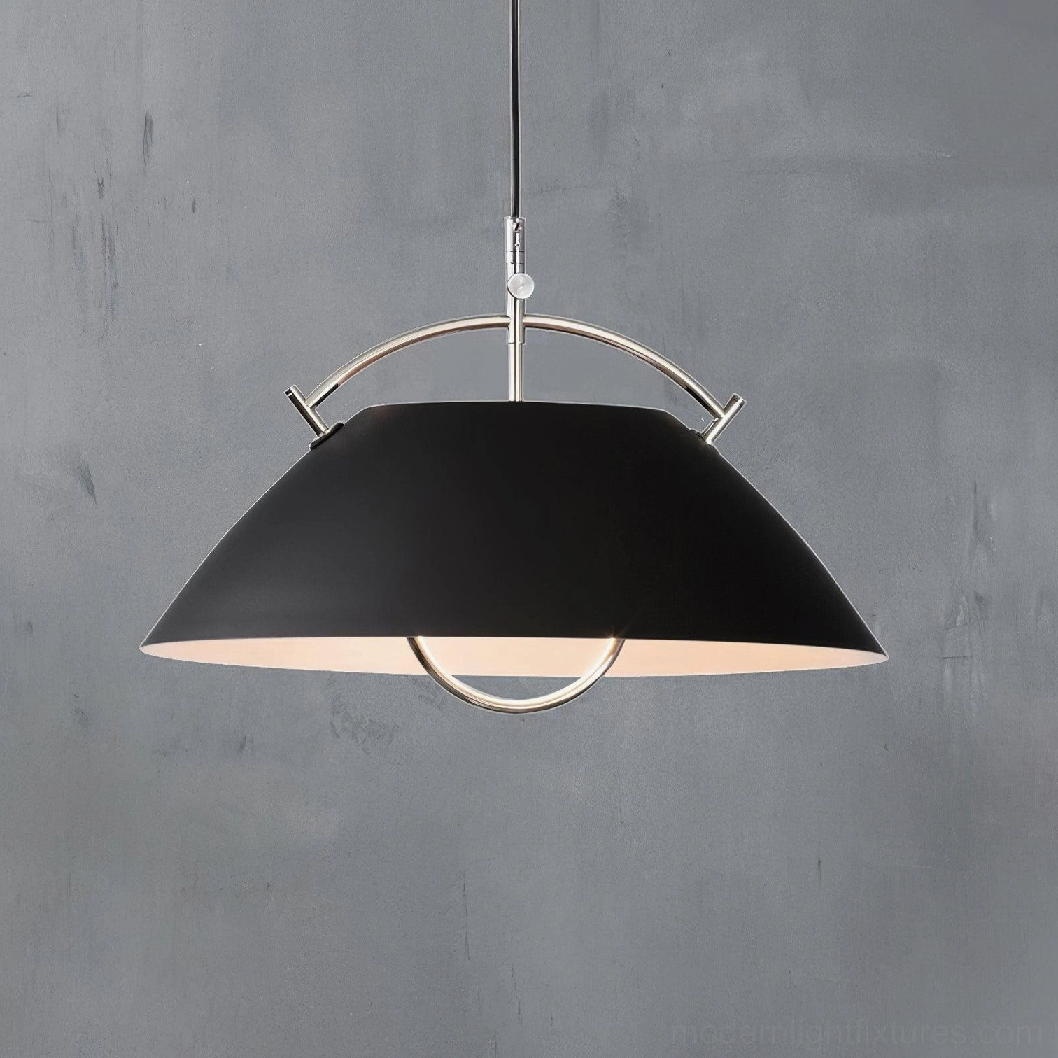 Black dome pendant light low-angle side view showing interior finish and exposed hardware