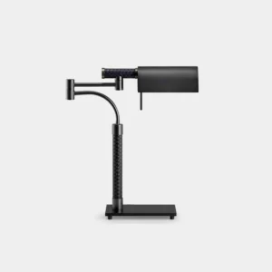 Black pivot articulated table lamp front view with matte finish and metal frame, modern desk lighting design