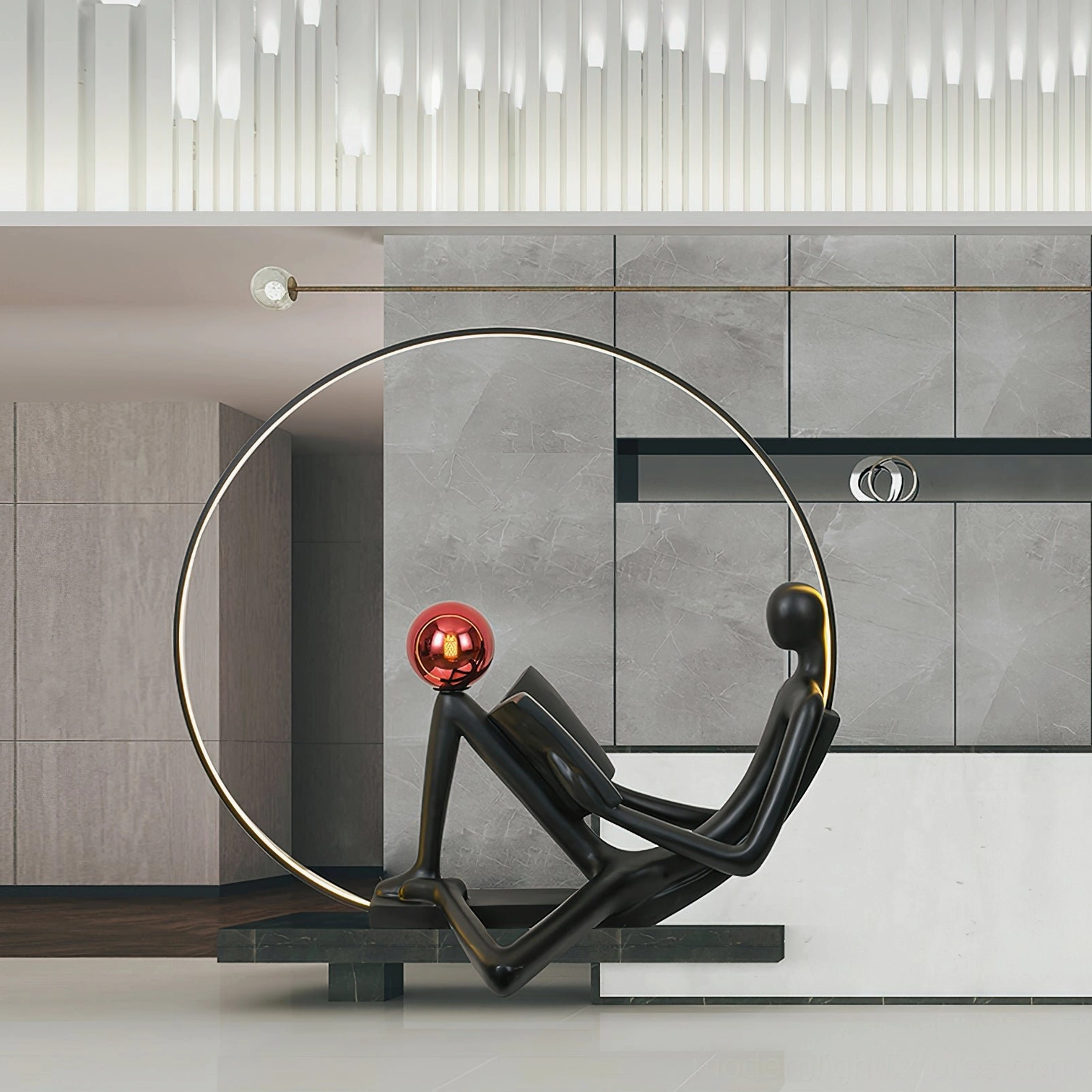 Contemporary black statue floor lamp with red globe accent, modern living room with dark console and metallic wall art
