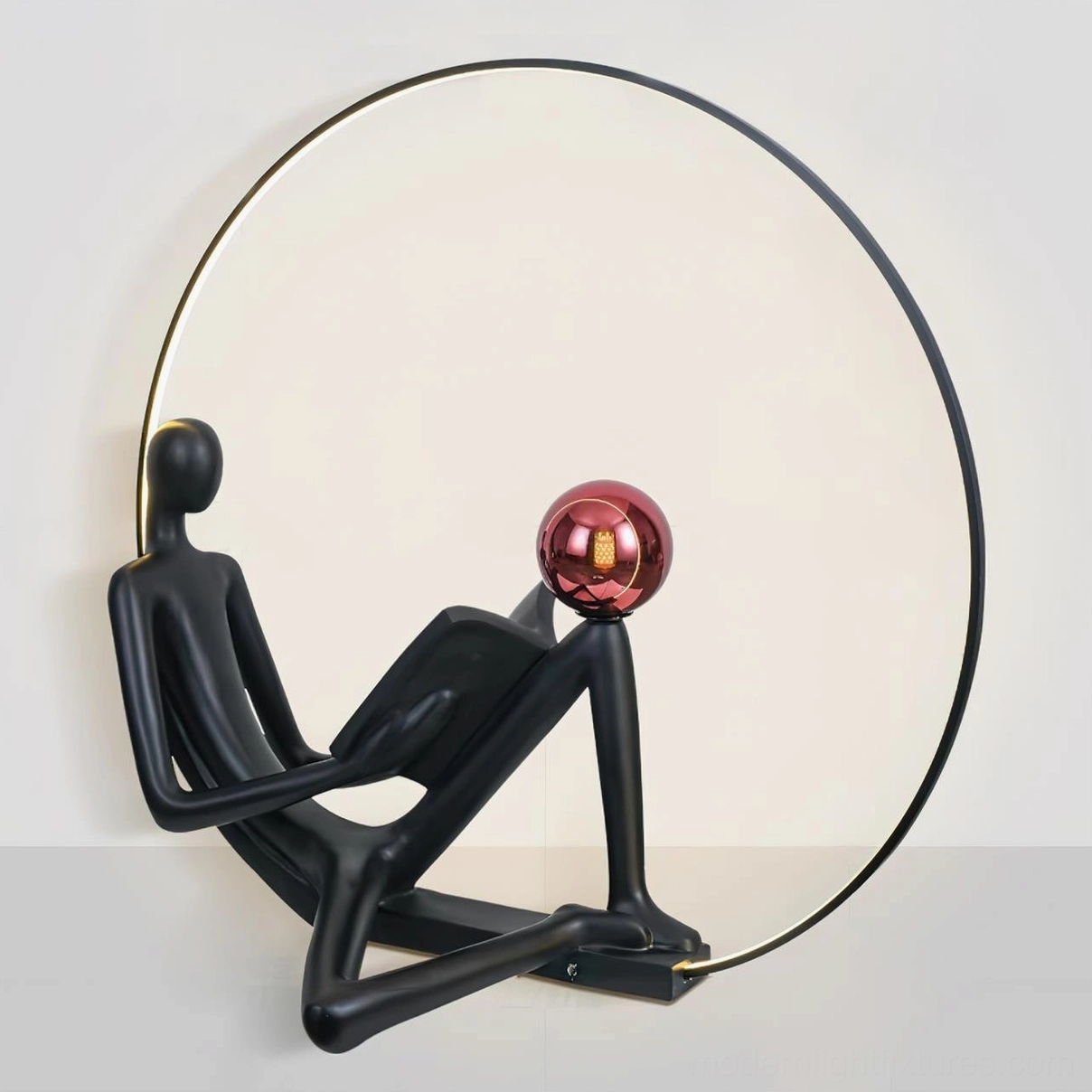 Black reading statue floor lamp with red accent globe, integrated LED warm white 3000K lighting, 130cm tall modern fixture