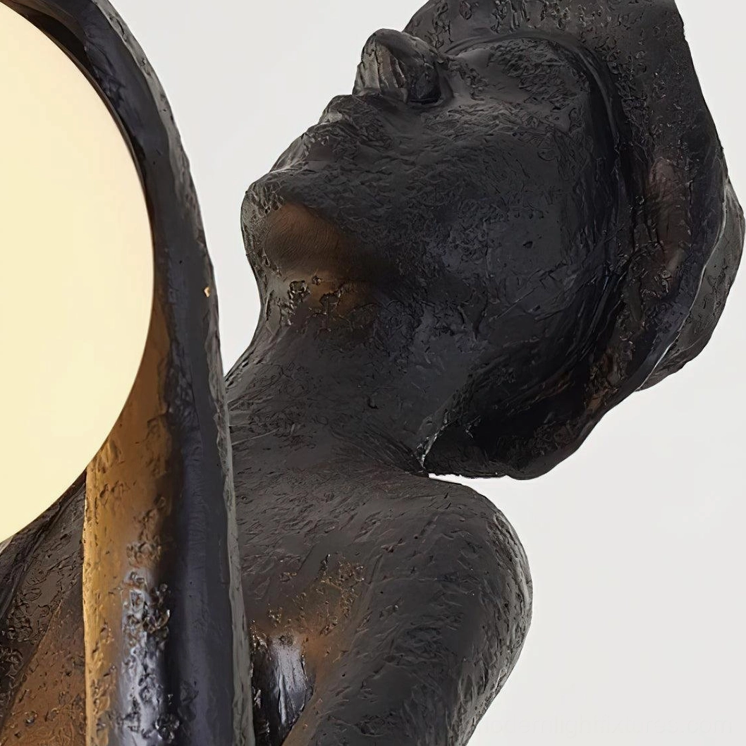 Contemporary black humanoid sculptural floor lamp with frosted globe lights artistic statement piece