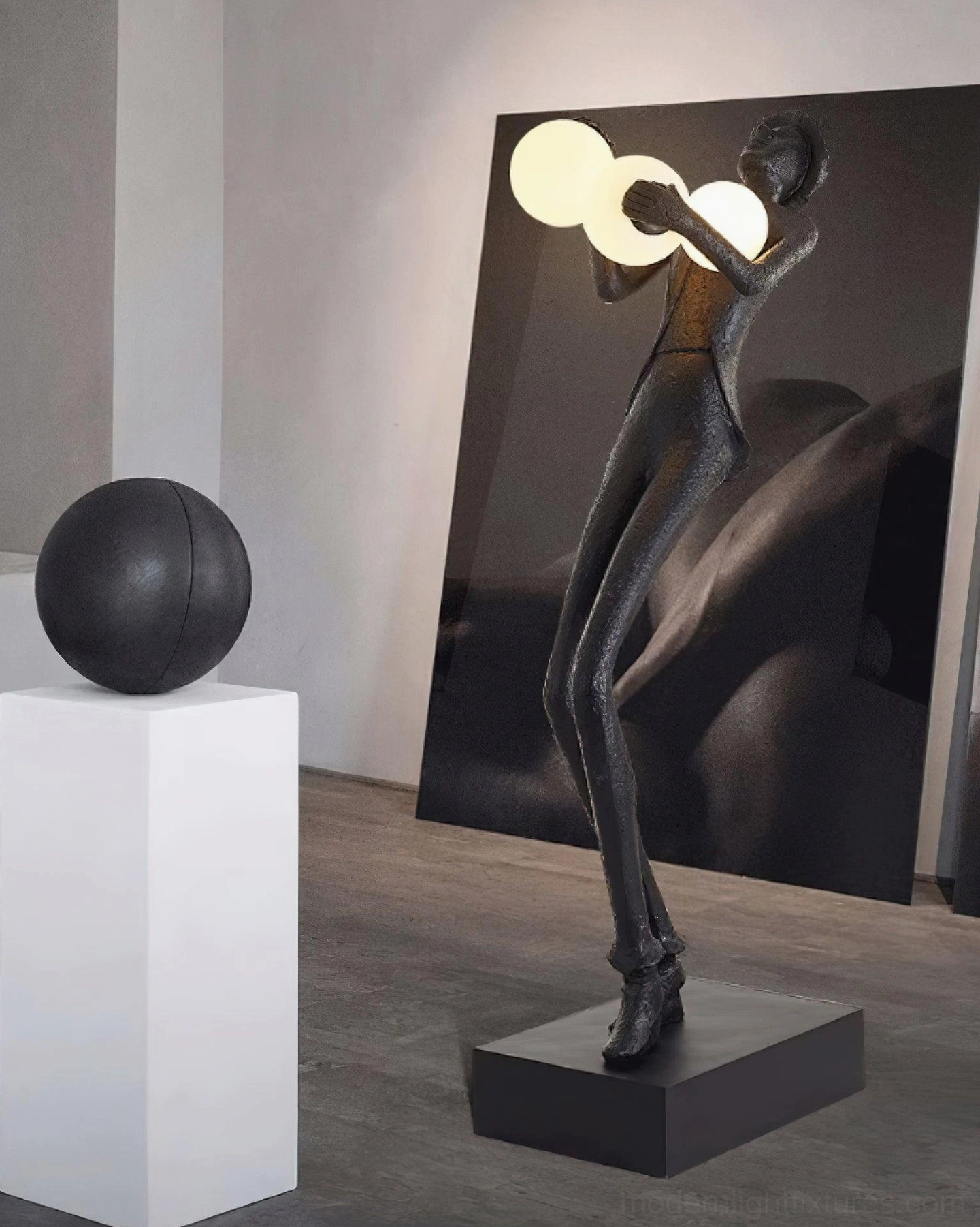 Contemporary black humanoid sculpture floor lamp with frosted glass orbs artistic home décor styling view