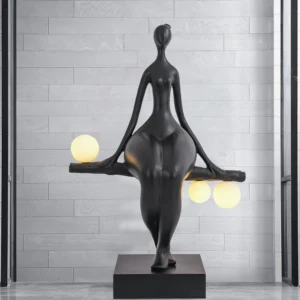 Modern black sculptural floor lamp in contemporary interior with polished tile flooring, minimalist luxury home décor
