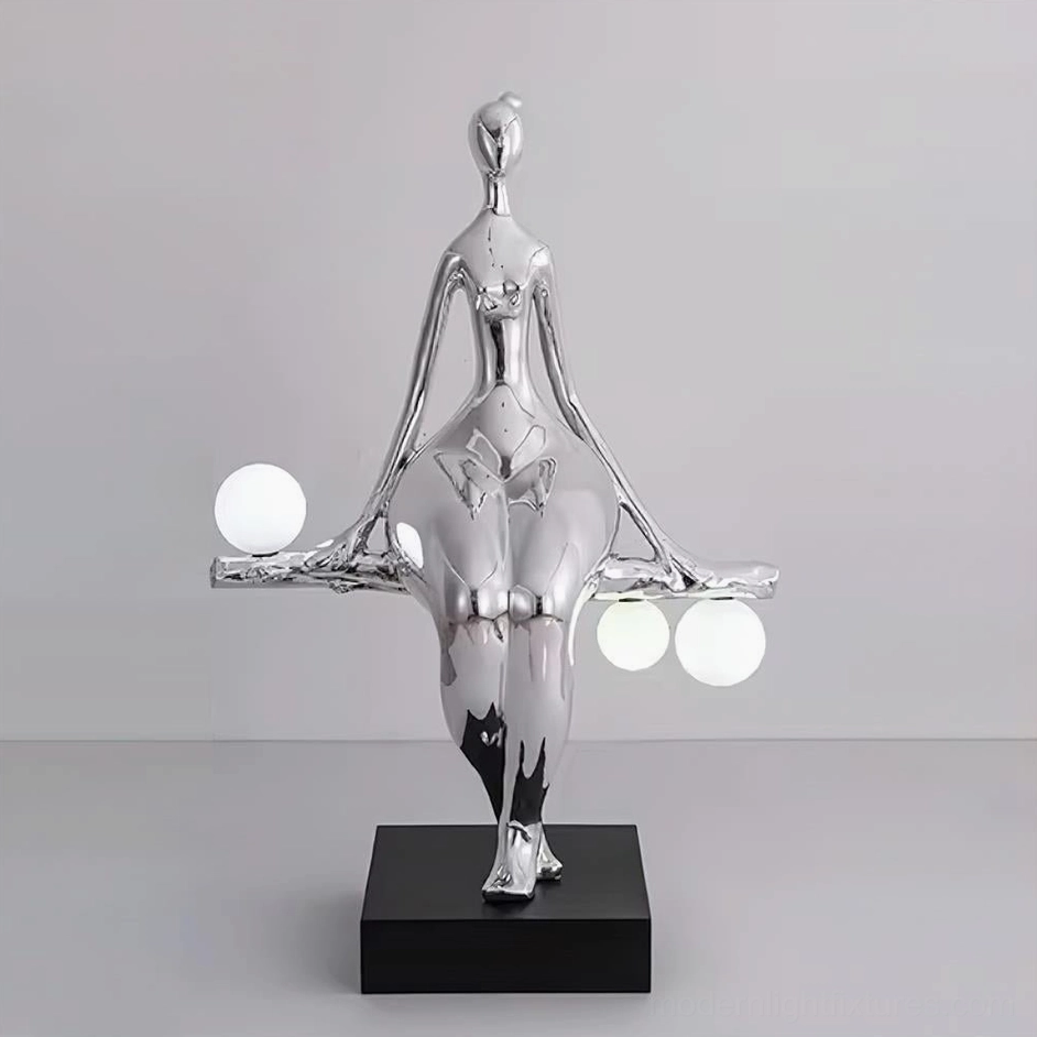 Black sculpture floor lamp side angle view, abstract human form with graceful proportions and frosted lights
