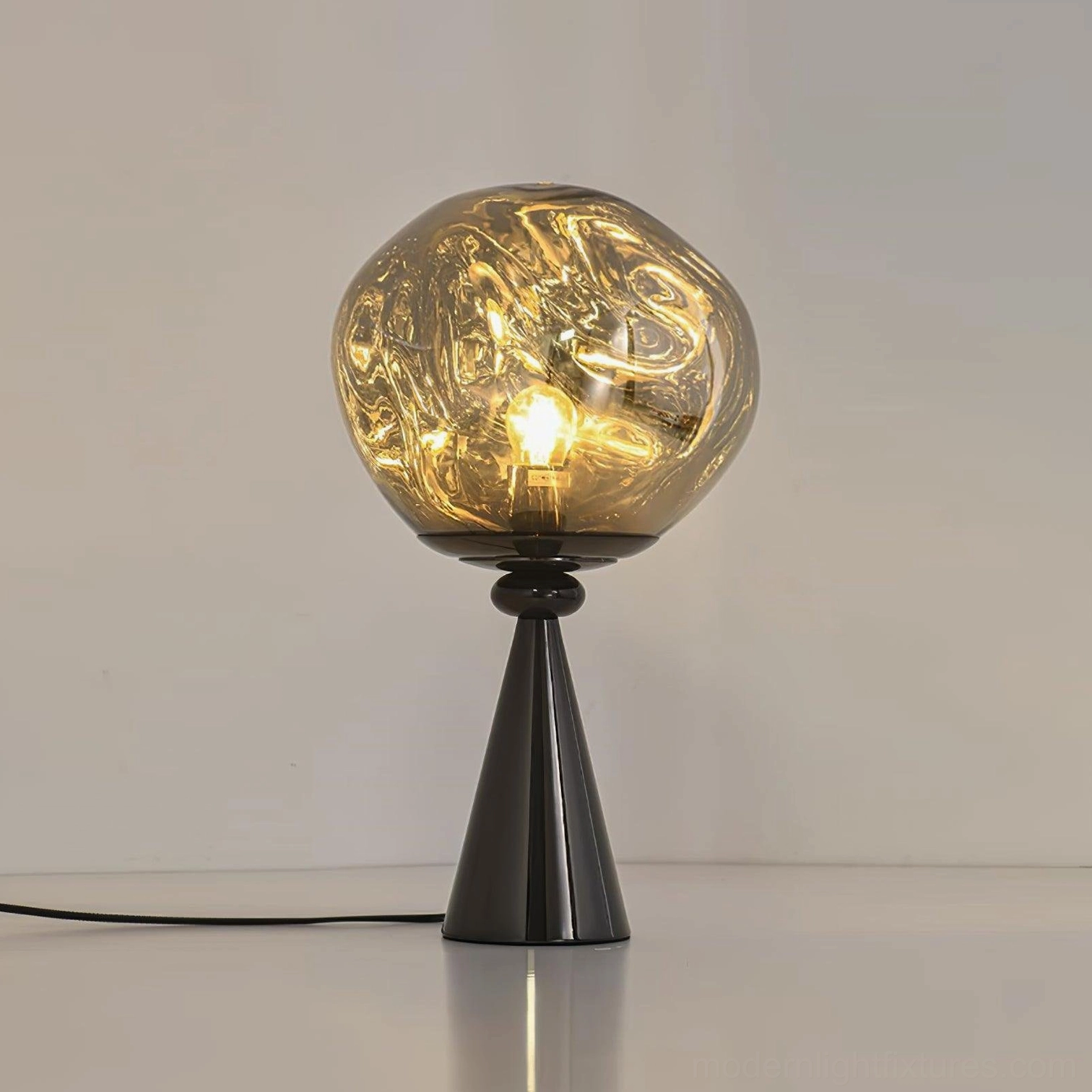 Black and smoky molten glass cone table lamp front flat perspective white background power cord