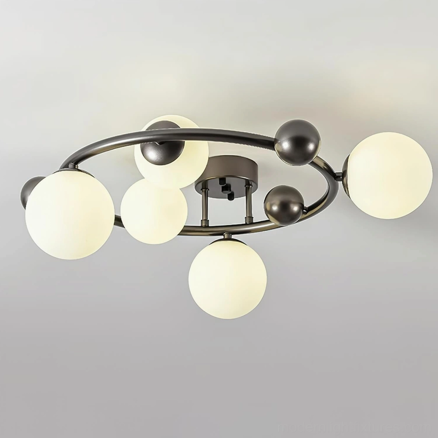 Black sputnik ceiling light fixture with five frosted glass globe shades - complete product detail view