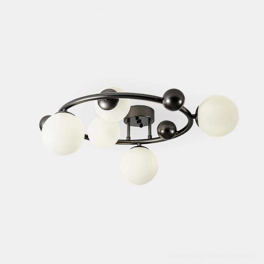Black 5-globe sputnik ceiling light fixture with frosted glass spheres and curved black metal frame - overhead product view