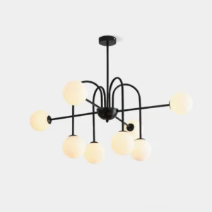 Black sputnik chandelier with 10 frosted glass globe lights, front view on white background, modern minimalist multi-arm pendant design