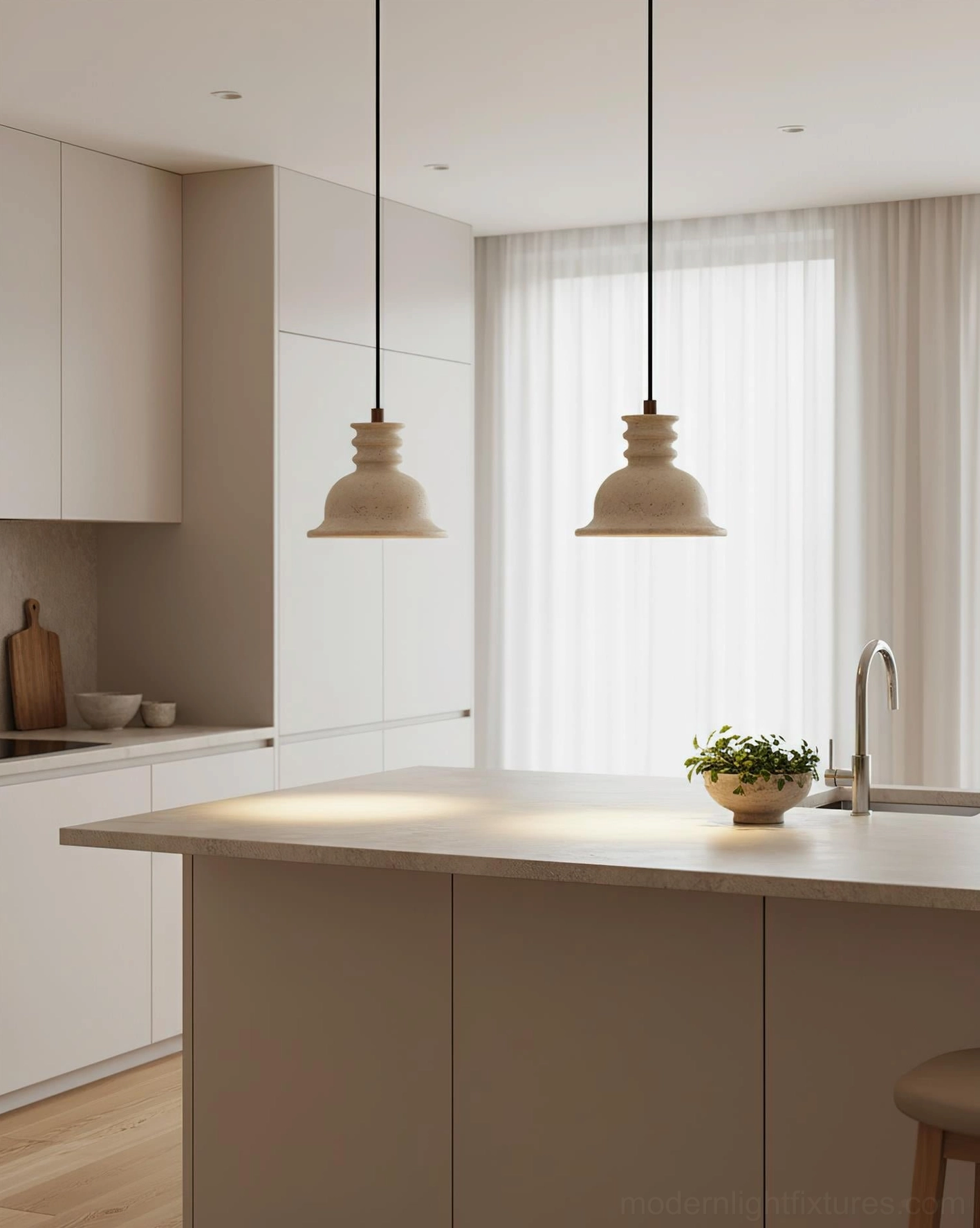 Black travertine pendant light in modern interior space creating sophisticated contrast with neutral wall and furniture