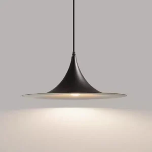 Black matte trumpet pendant light with low-angle view showing warm downward lighting