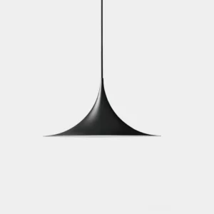 Matte black modern trumpet pendant light with minimalist aluminum shade in studio flat lay