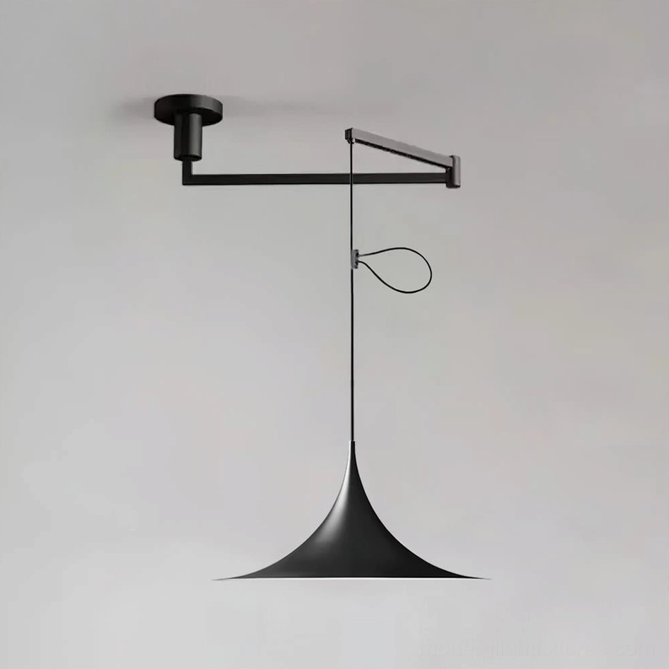 Black matte trumpet swing arm pendant light studio front overhead view modern design