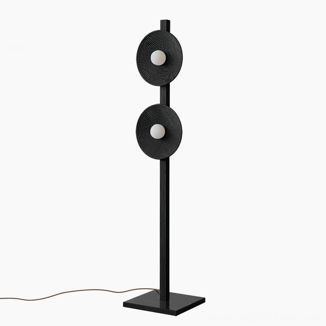 Black twin disc modern floor lamp with marble base complete front product display view