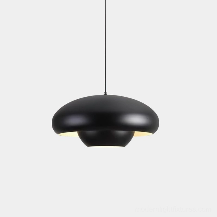 Black matte metal dome pendant light with minimalist design, studio front view showing double-layer disc construction