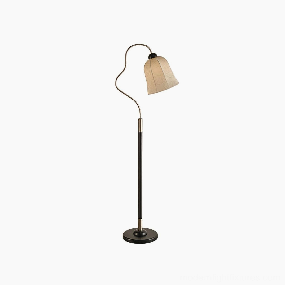 Black walnut arc floor lamp detail highlighting premium ash wood construction and brass accents