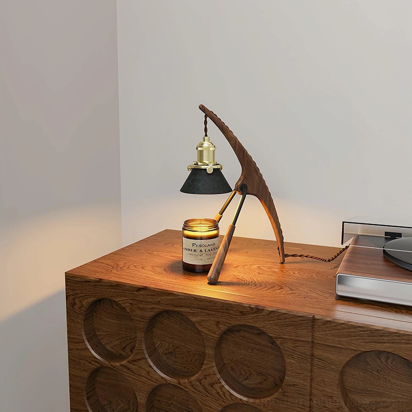 Black walnut praying mantis lamp with brass accents, living room and bedroom decor styling