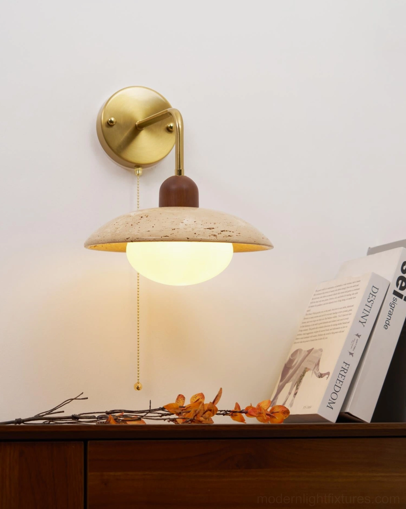 Black and walnut finish travertine wall sconce showing contemporary contrast color combination