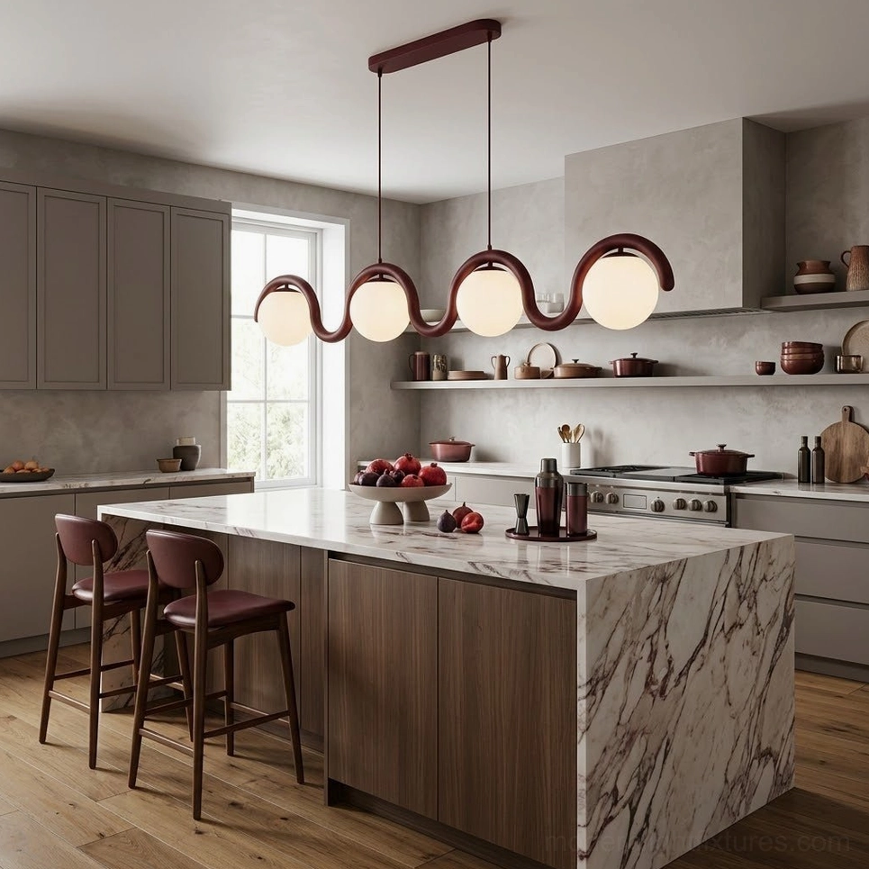 Modern black wave pendant lamp with glass shades installed over kitchen island counter