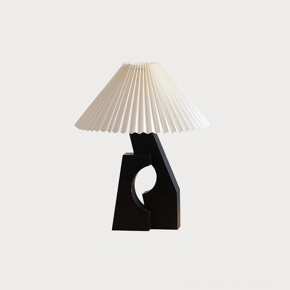 Black and white pleated table lamp with black wood base variant, contemporary contrast styling