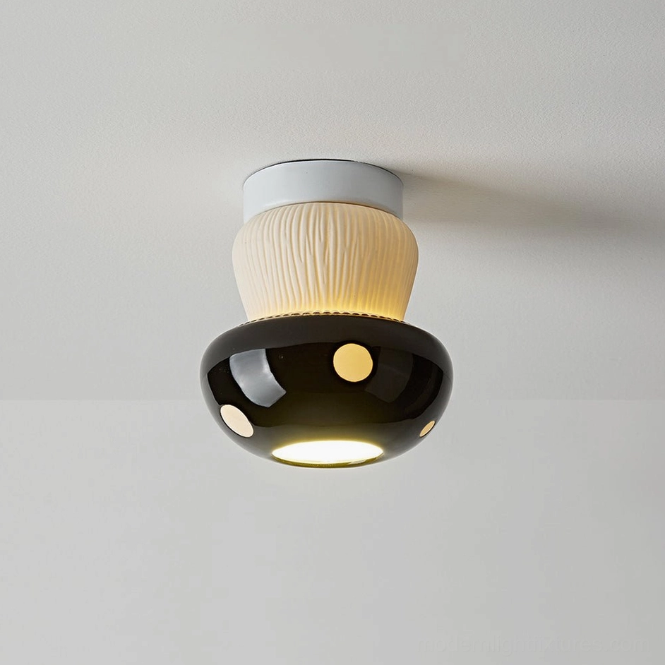 Black and white mushroom-shaped ceiling pendant light fixture hanging installation showcase