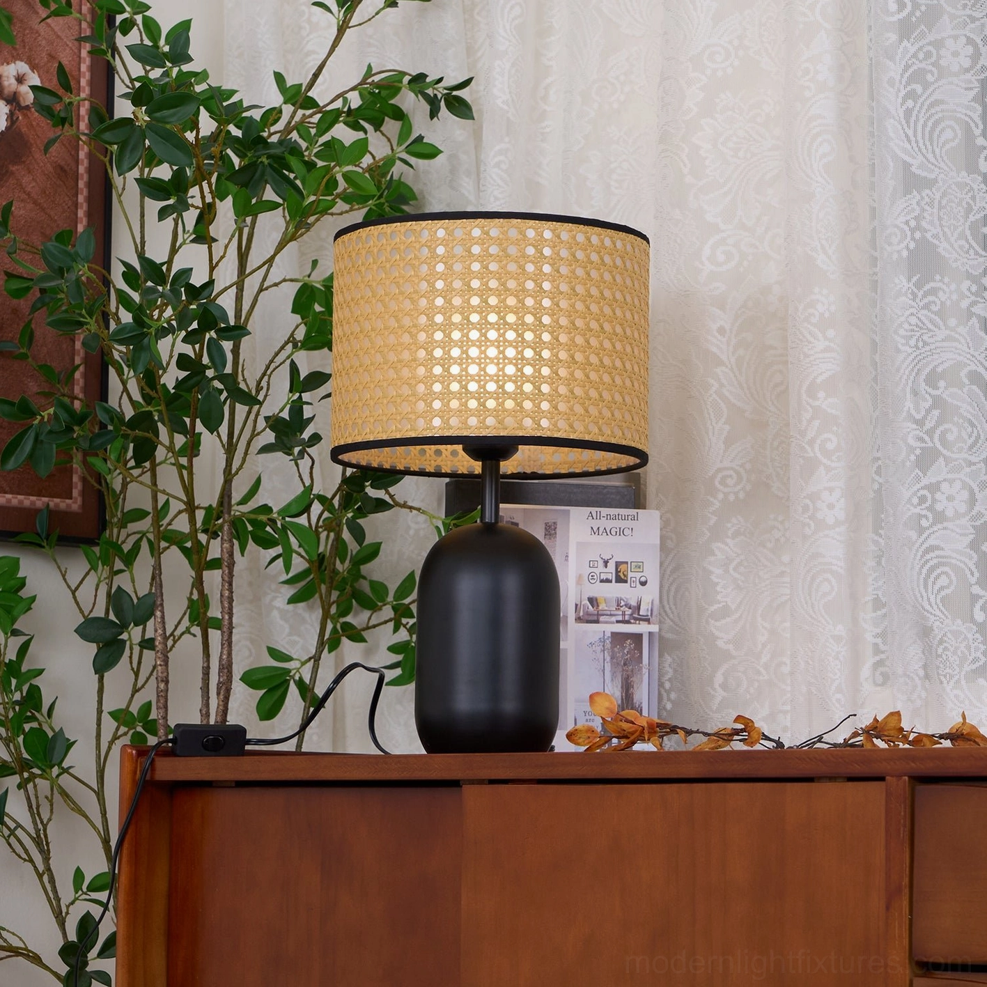 Blakely table lamp in complete bedroom dresser arrangement with warm bohemian aesthetic