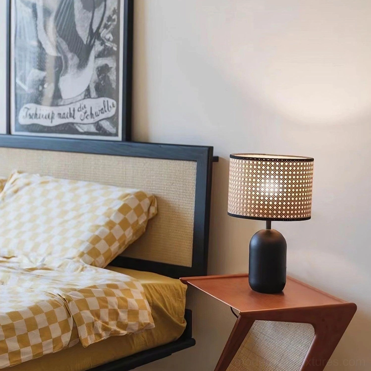 Blakely woven rattan lamp on wooden bedside table in minimalist neutral bedroom decor