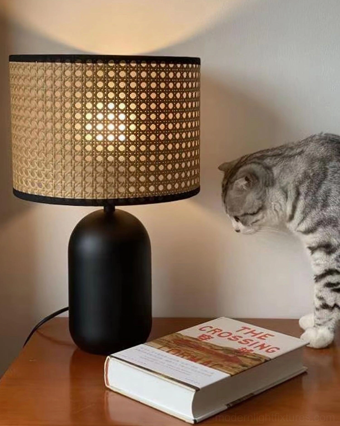 Blakely rattan lamp adding texture and warmth to contemporary bohemian living room