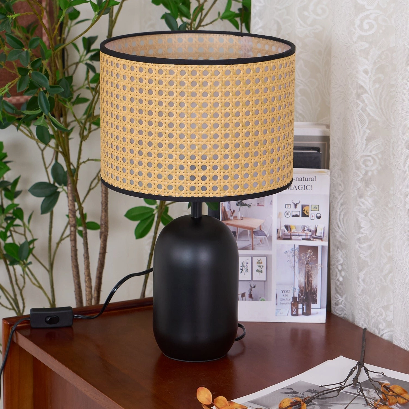 Close-up detail of Blakely rattan lamp cylindrical woven shade with warm bohemian style