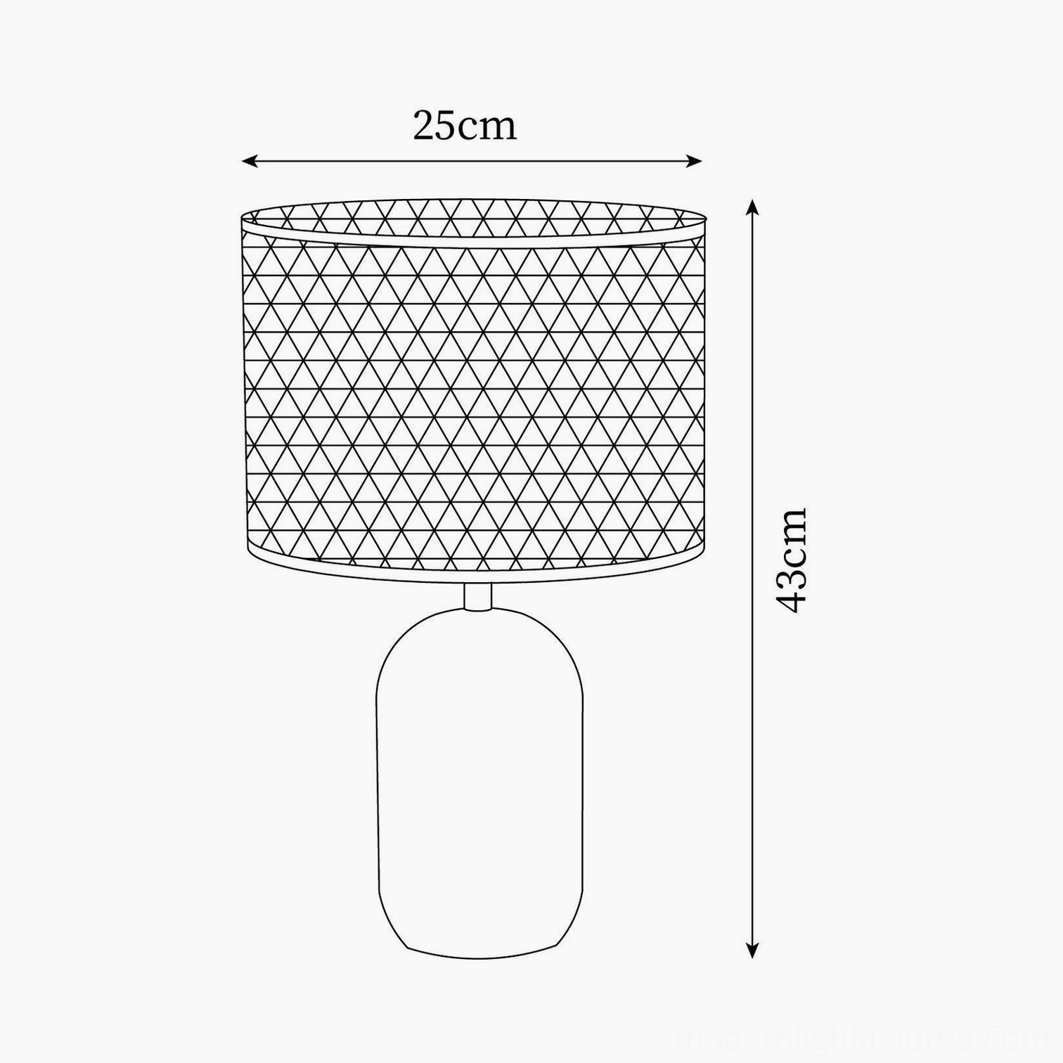Blakely rattan table lamp dimension schematic with specifications 25cm diameter 43cm height