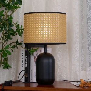 Blakely table lamp displayed on dresser with green potted plants and natural home decor styling