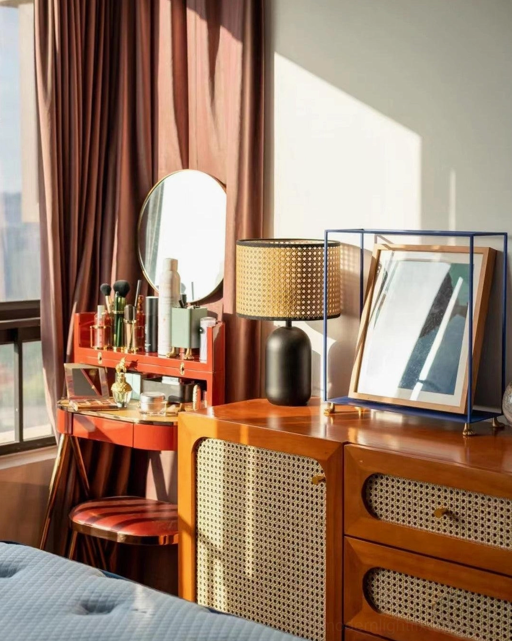 Blakely rattan lamp adding artisanal touch to industrial chic bedroom decor