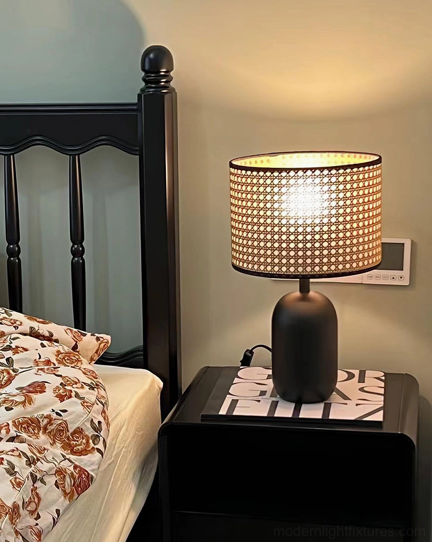 Blakely table lamp paired with natural wood furniture and neutral color palette
