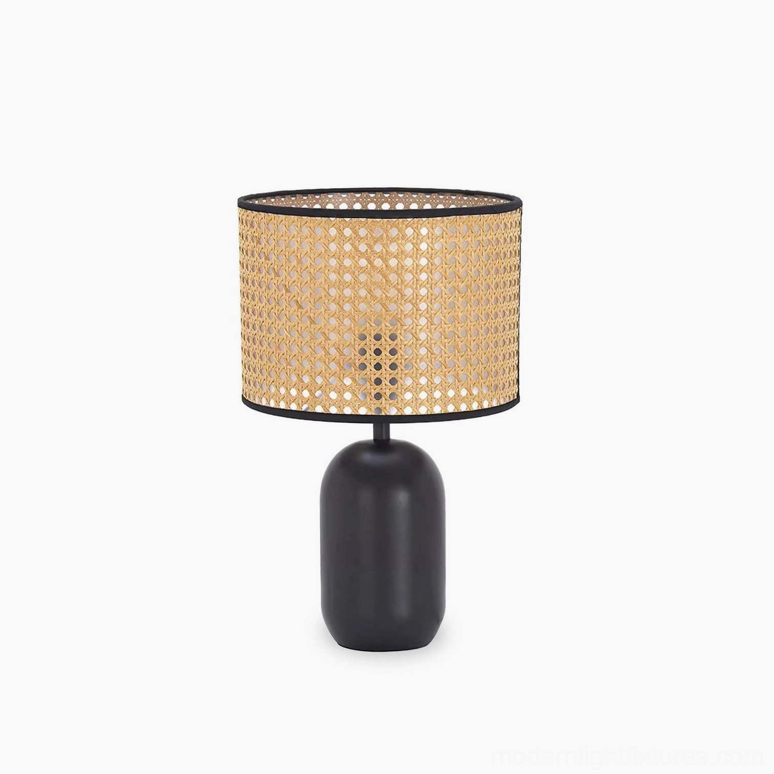 Blakely woven rattan lamp complementing curated plant collections and vintage decor