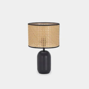 Blakely rattan table lamp front view with woven shade and matte black base on white background