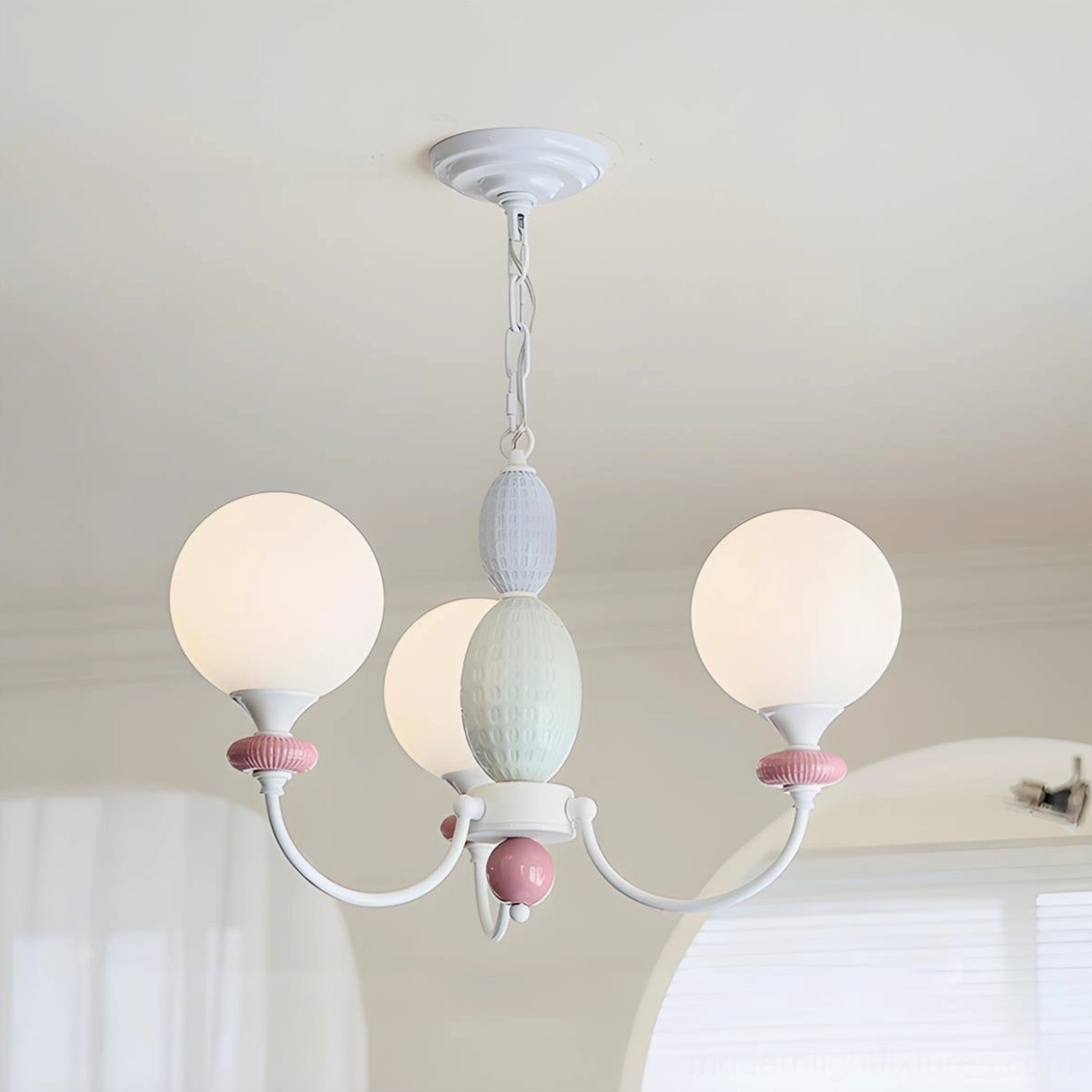 Blanca 3-head pink and white opal globe chandelier compact size for smaller spaces