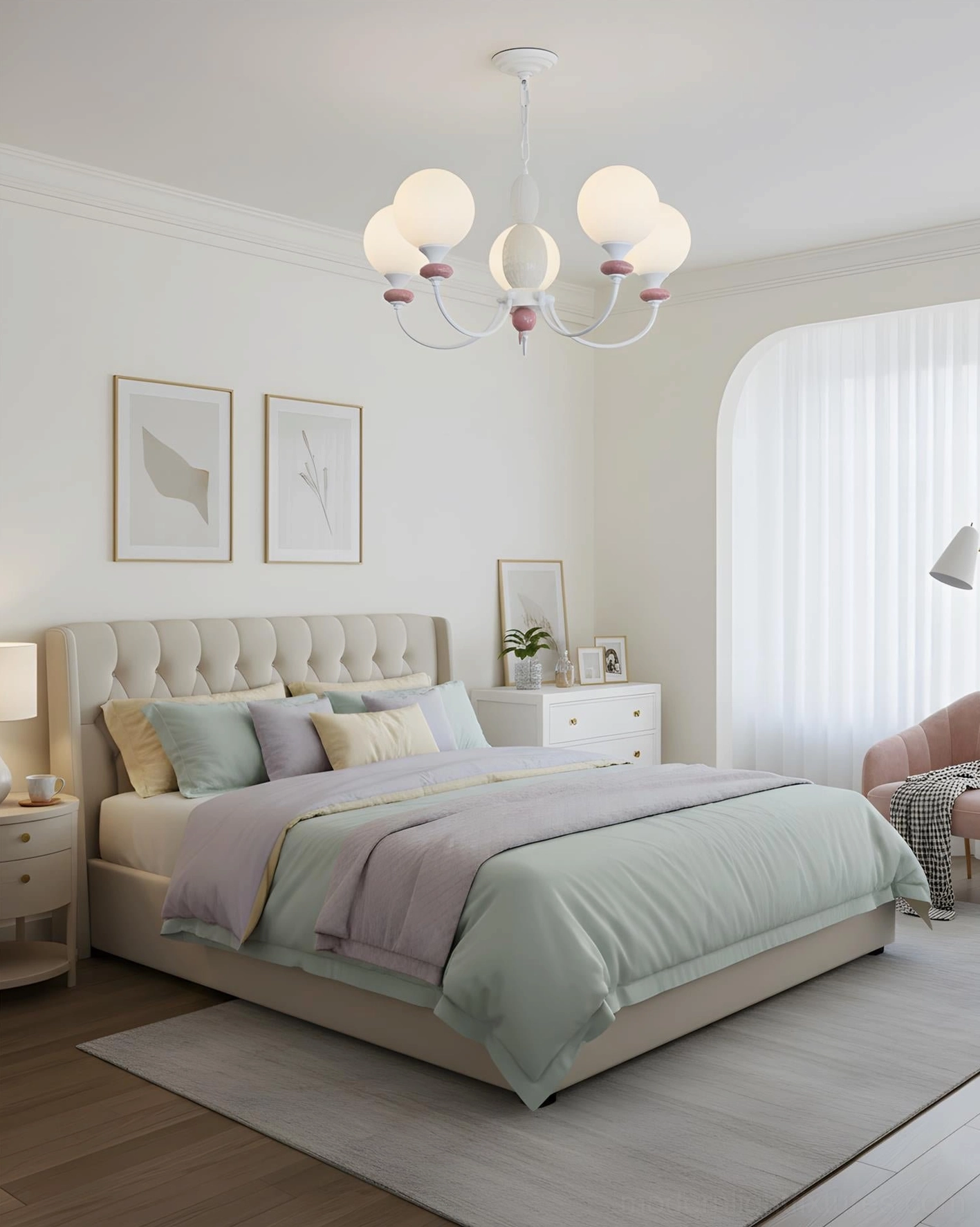 Blanca pink and white chandelier architectural view demonstrating elegant proportions and structure