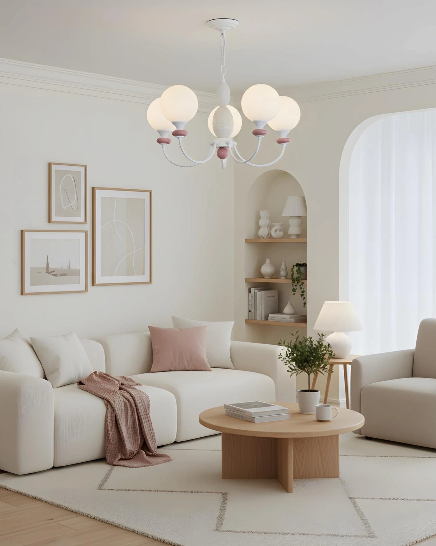 Blanca white and pink chandelier in cozy family living room with wooden accents and warm lighting