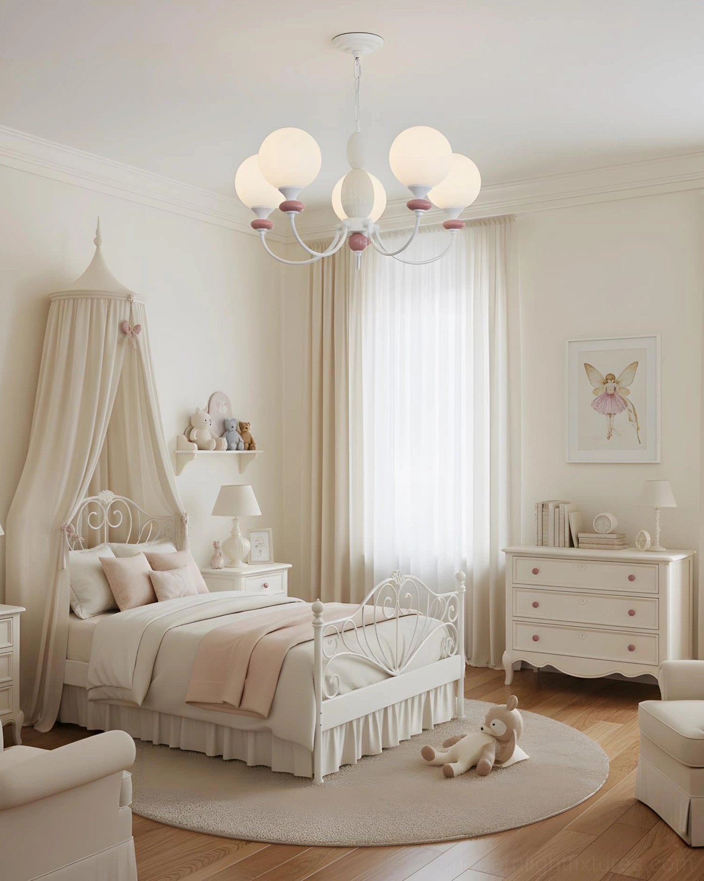 Blanca modern chandelier in princess-themed girls bedroom with fairy tale whimsical design aesthetic