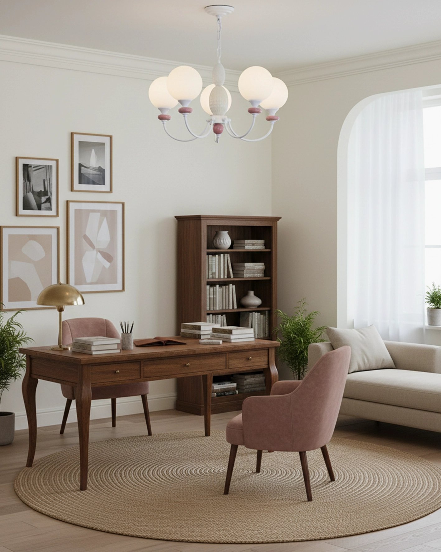 Blanca globe chandelier hanging in neutral home office creating warm diffused light and sculptural focal point