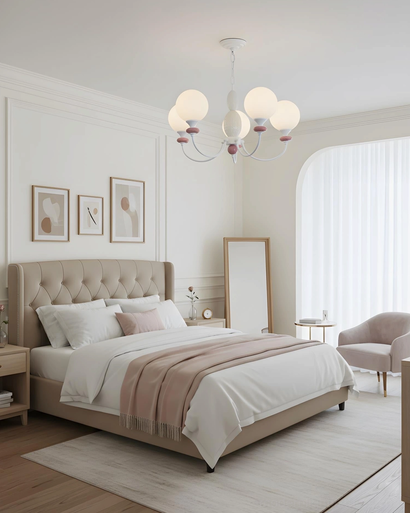 Blanca pink and white chandelier installed in elegant master bedroom providing soft ambient illumination