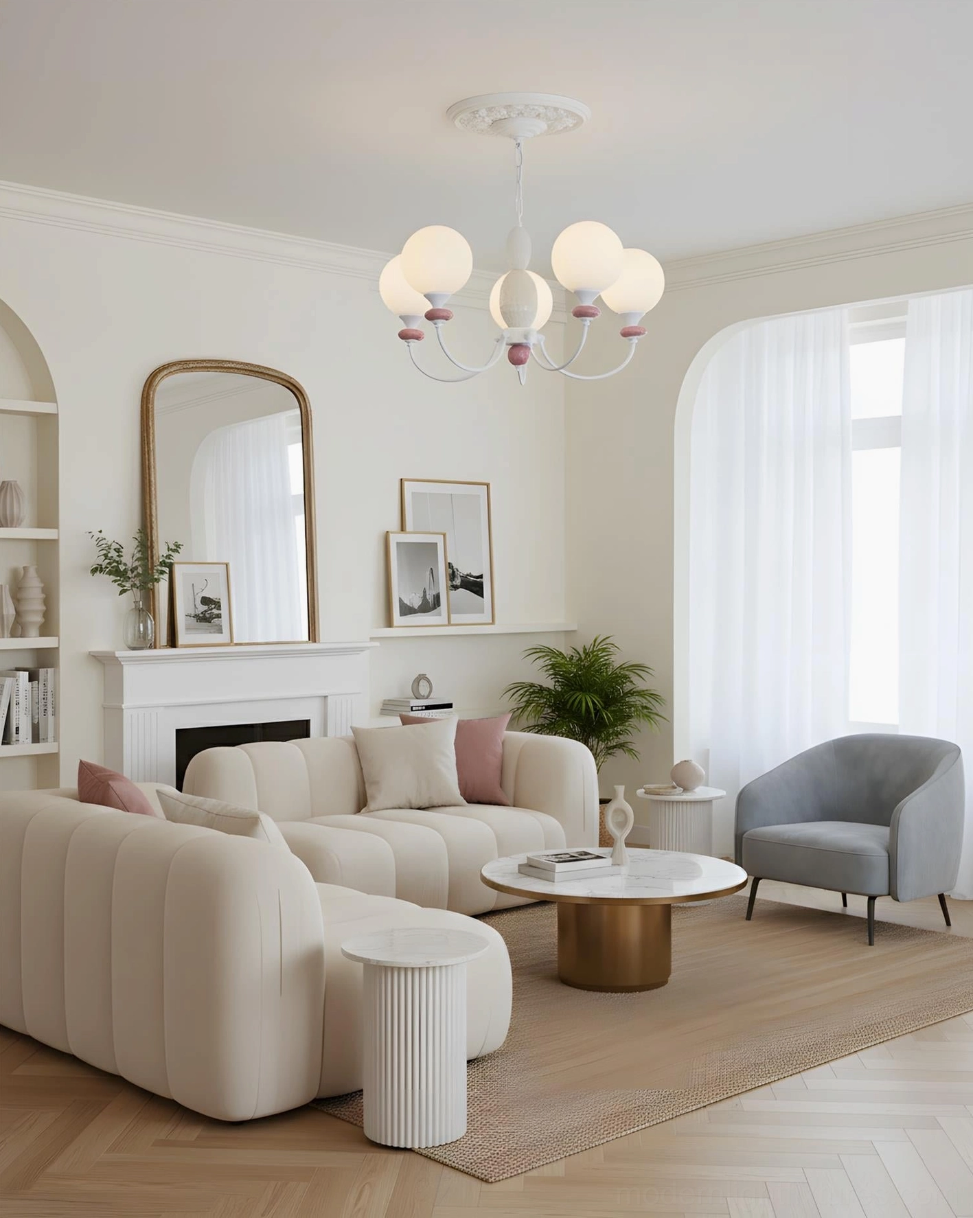 Blanca modern chandelier in contemporary farmhouse living room with neutral warm interior decor