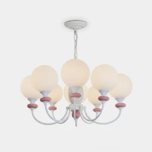Blanca modern chandelier with white arms and pink accents featuring opal glass globes, front studio view