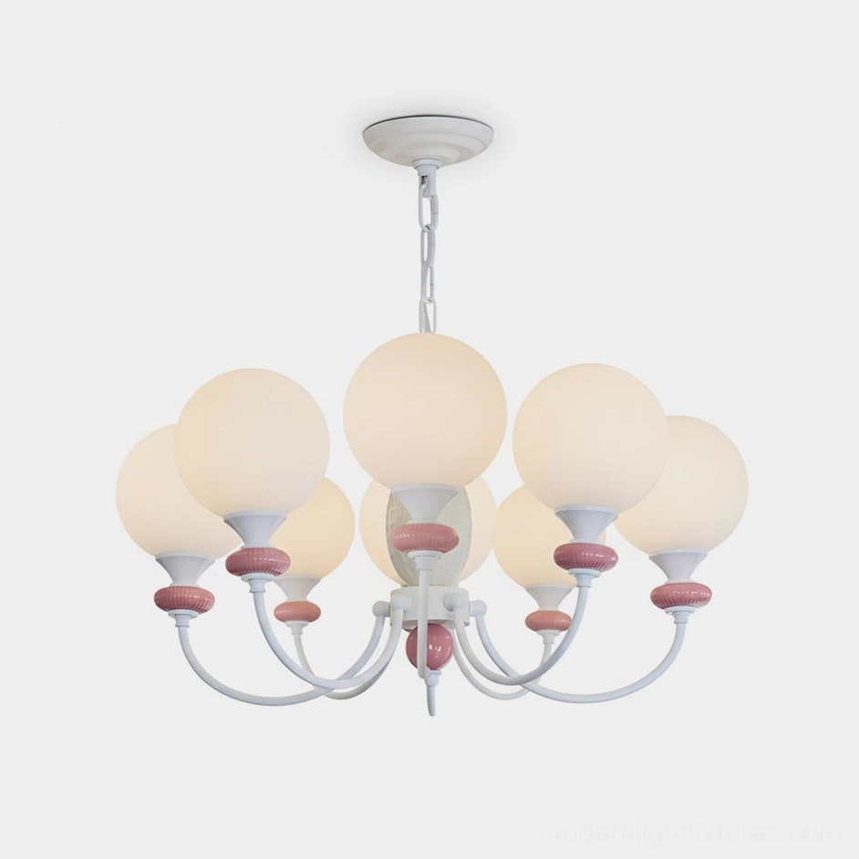 Blanca modern chandelier with white arms and pink accents featuring opal glass globes, front studio view