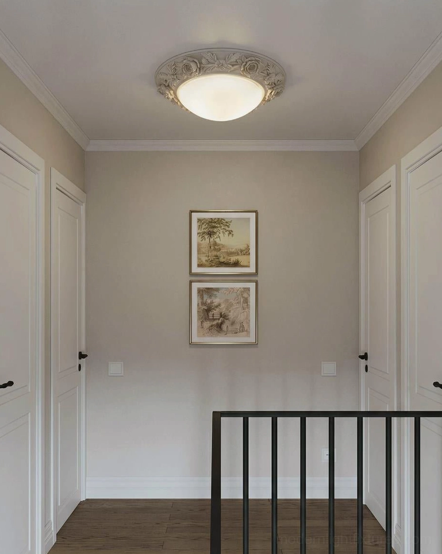 Blancora hand-carved floral ceiling light demonstrating soft, even warm white glow and decorative carving detail, ambient lighting