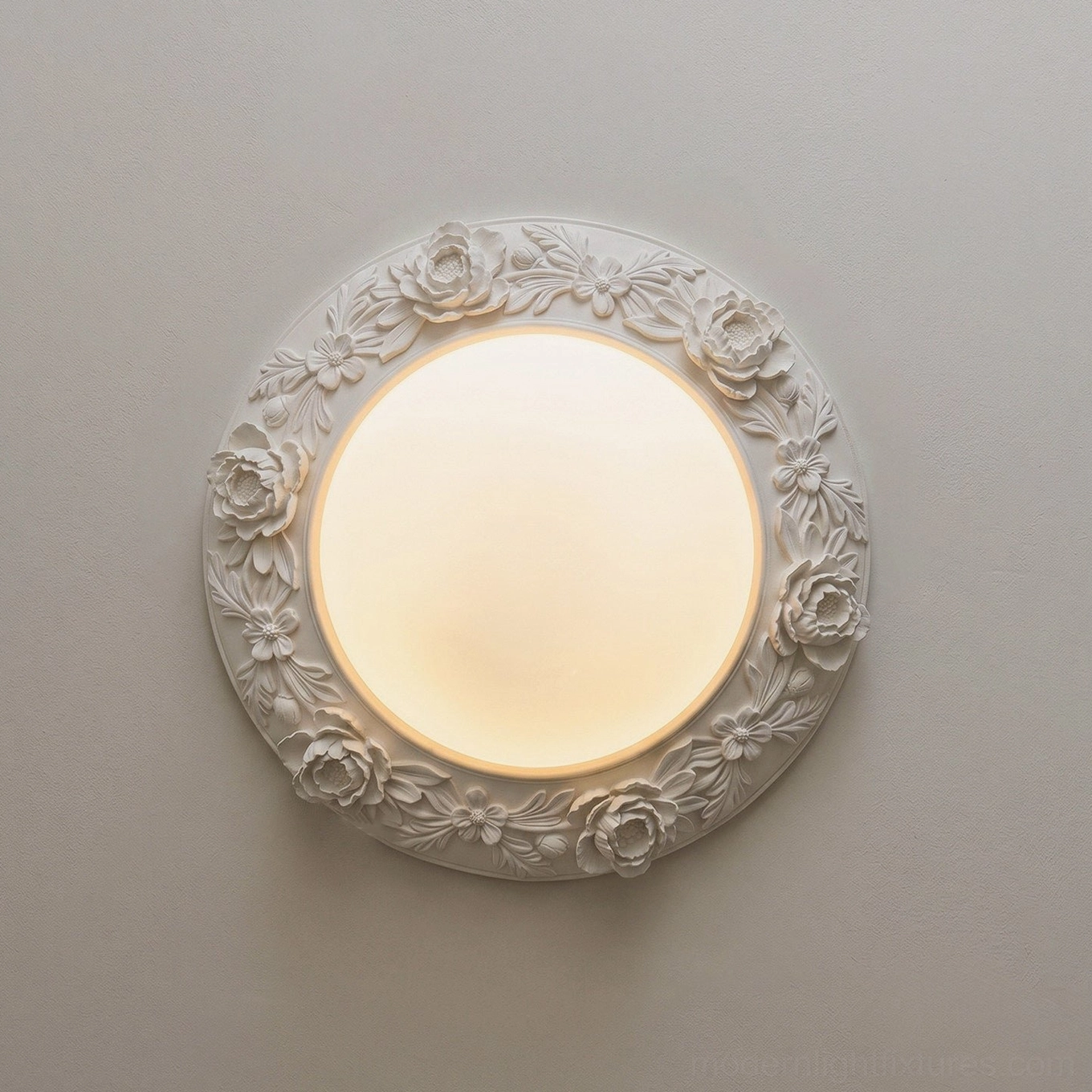 Blancora carved floral rim flush mount light in black finish with frosted glass shade and integrated warm white LED, modern installation