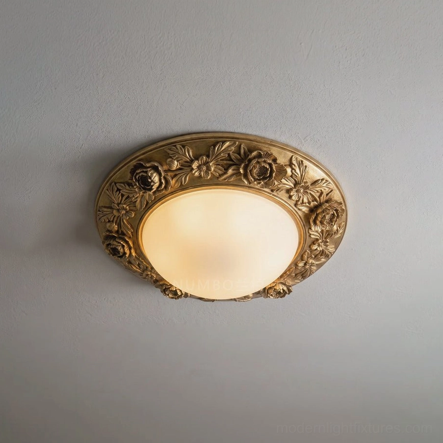 Blancora brass-gold finish hand-carved floral ceiling light with frosted glass dome and warm white integrated LED lamp