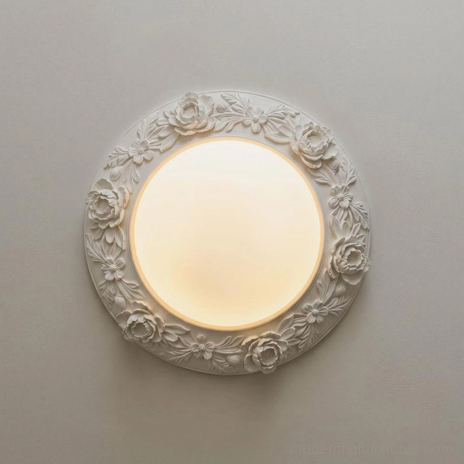 Blancora floral embossed flush mount light showing intricate hand-finished carved border pattern, artistic ceiling fixture