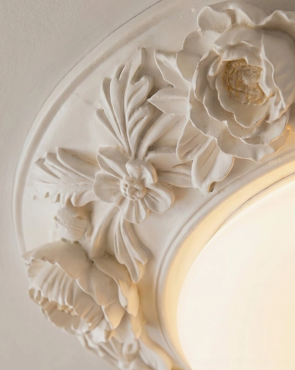Blancora hand-carved floral flush mount white finish ceiling light fixture with integrated warm white LED and frosted dome