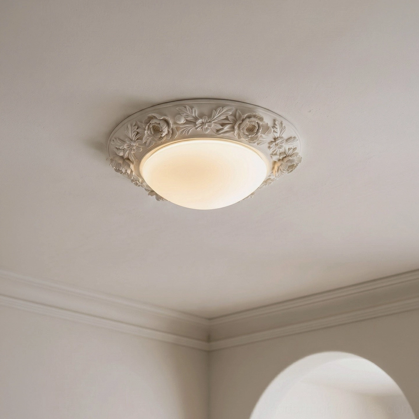 Blancora low-profile flush mount ceiling light showing carved floral border detail and frosted glass coverage, 5.5 inch depth