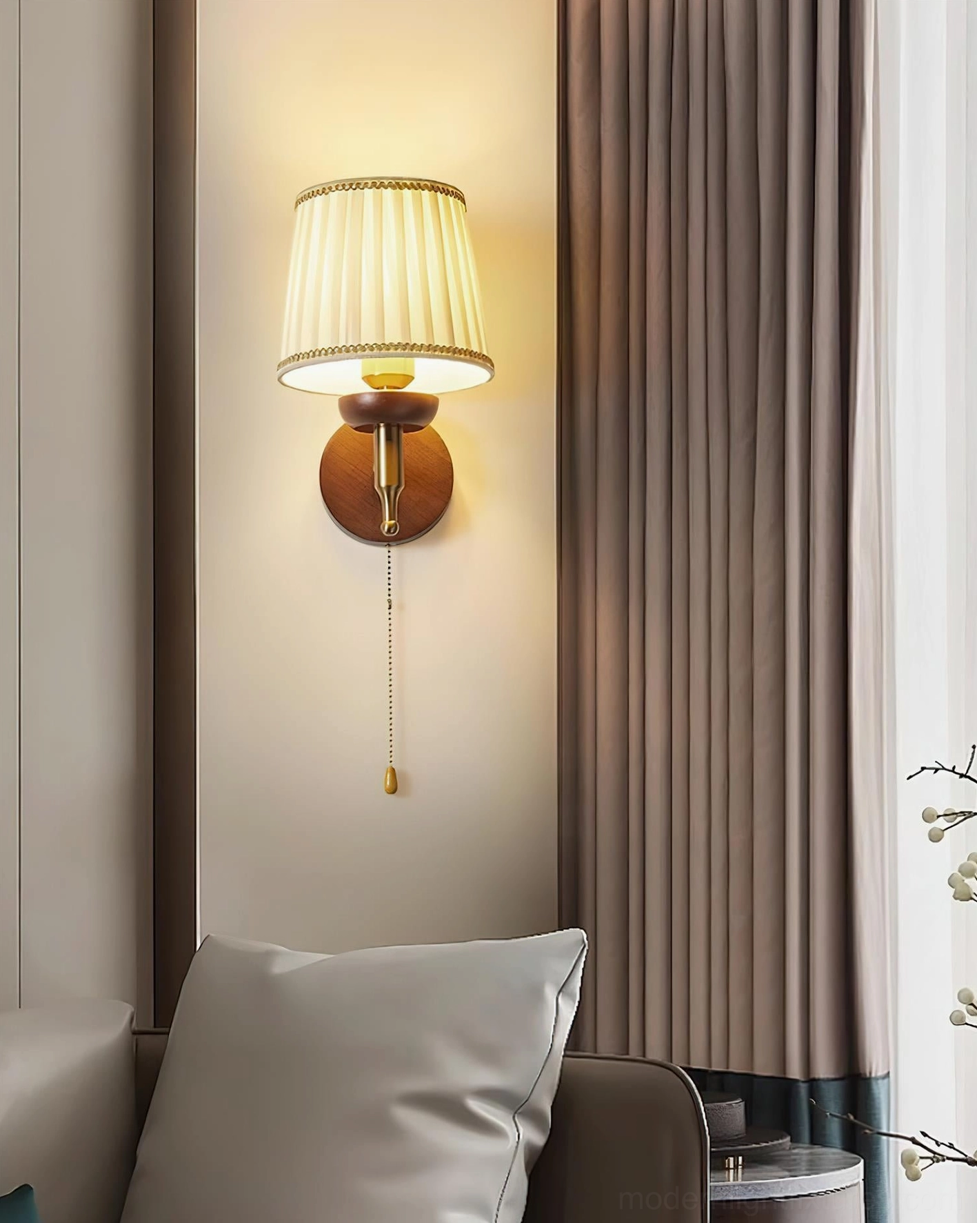 Blixen pleated shade wall sconce side-front view showing minimalist rustic design